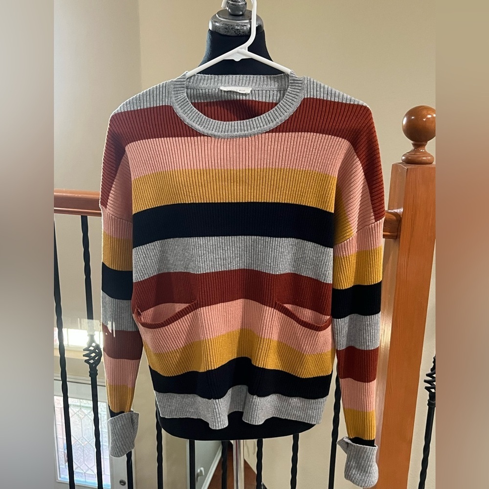 Sophie Rue PATCH POCKET STRIPE Ribbed Colorblock Sweater - Gray & Rust SIZE S - Picture 8 of 12